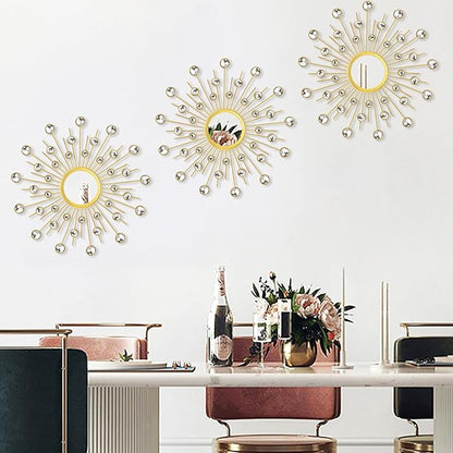 Uaussi 3 Pack Crystal Sunburst Wall Mirror Décor Rhinestone Mirrors Decorative Home Wall Art for Living Room Bedroom Entryway(Crystals Gold)