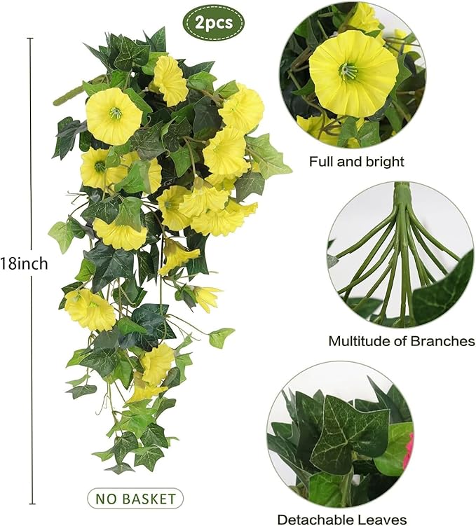RECUTMS Artificial Fake Hanging Flowers Plants for Outdoor Spring Decor, 2 Pcs UV Resistant Faux Petunias Trailing Plants Realistic Flower Look Real for Door Wall Yard Porch Garden Planter (Yellow)
