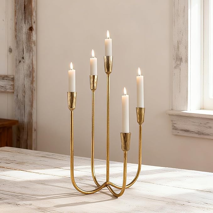 Cast Iron Candelabra 5-Taper Candle Holders, Golden Metal Candlestick Holders Tabletop Candles Stand, Decorative Table Centerpieces Mantel Decor, Antique Brass