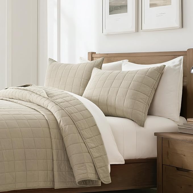 EVERGRACEHOME 100% Cotton Box Stitch Quilt Bedding Set King Size 3 Pieces, Garment-Washed Lightweight Soft Cozy Coverlet, Oversized Quilted Bedspread Sets with 2 Shams for All Season, Pebble Khaki