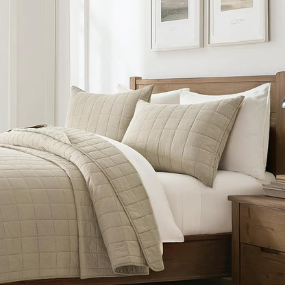 EVERGRACEHOME 100% Cotton Box Stitch Quilt Bedding Set Queen Size 3 Pieces, Garment-Washed Lightweight Soft Cozy Coverlet, Quilted Bedspread Sets with 2 Shams for All Season, Pebble Khaki