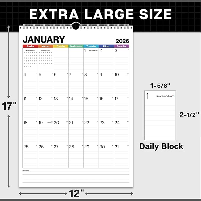 Dunwell Large Wall Calendar 2026, 12x17 (Colorful), Big Grid 12 x 17 Hanging Monthly Calendar with Large Daily Blocks, Premium Paper, Use Jan to Dec 2026
