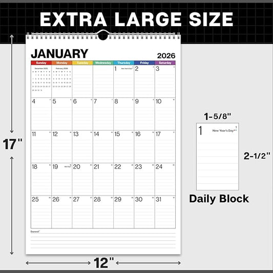 Dunwell Large Wall Calendar 2026, 12x17 (Colorful), Big Grid 12 x 17 Hanging Monthly Calendar with Large Daily Blocks, Premium Paper, Use Jan to Dec 2026