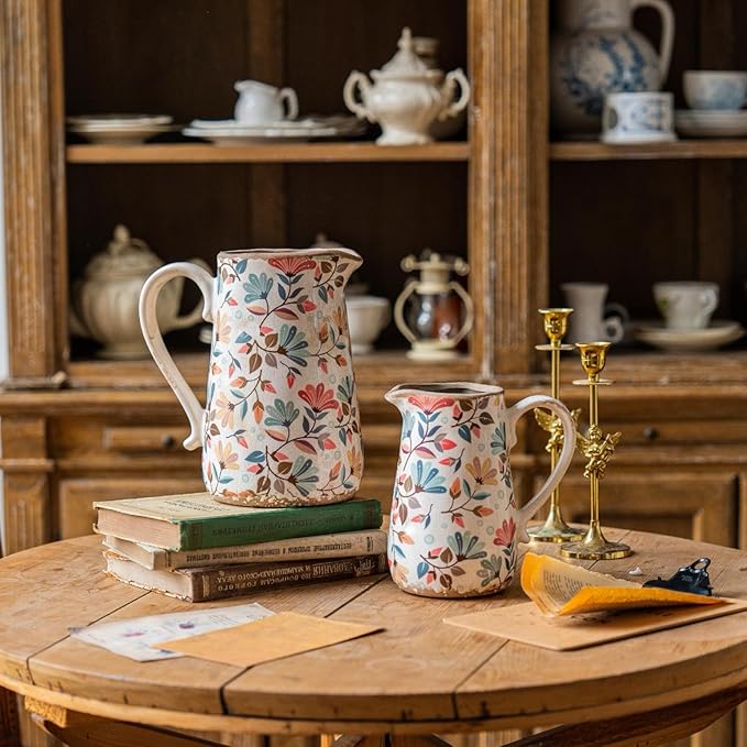 Vintage Colorful Flower Ceramic Vase with Handle, Retro Ice Glazed Crack Farmhouse Pitcher Vase for Home Decor, Living Room, Shelf, Office, Rustic Table Centerpiece 7 Inch