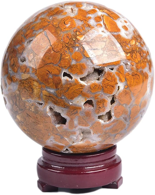 JIC Gem Natural Healing Crystal Sphere Ball Yellow Agate Crystal Decorative Ball with Display Stand Chakra Meditation Fengshui (80-90mm)
