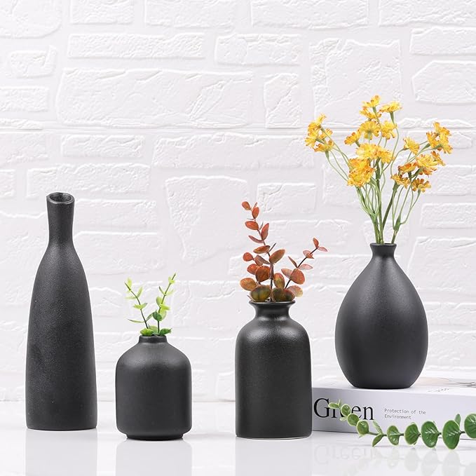 Black Ceramic Vase Set of 4, Matte Black Vases for Home Decor, Ceramic Small Bud Vase for Flowers, Modern Minimalism Decorative Flowers Vases for Centerpieces, Table, Shelf, Office Decor