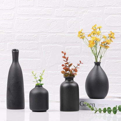 Black Ceramic Vase Set of 4, Matte Black Vases for Home Decor, Ceramic Small Bud Vase for Flowers, Modern Minimalism Decorative Flowers Vases for Centerpieces, Table, Shelf, Office Decor