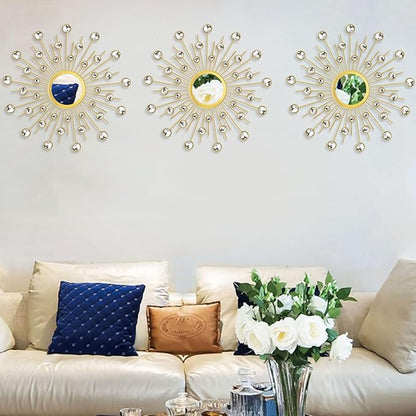 Uaussi 3 Pack Crystal Sunburst Wall Mirror Décor Rhinestone Mirrors Decorative Home Wall Art for Living Room Bedroom Entryway(Crystals Gold)