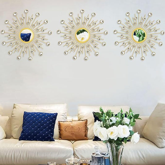 Uaussi 3 Pack Crystal Sunburst Wall Mirror Décor Rhinestone Mirrors Decorative Home Wall Art for Living Room Bedroom Entryway(Crystals Gold)