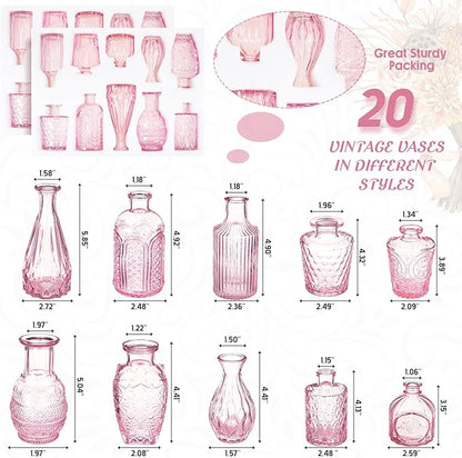 Inbagi Glass Vase Set, 20 Pcs Vintage Flower Vases in Bulk, Different Shapes and Sizes, Pink, for Decorative Centerpieces, Rustic Home Christmas Decoration