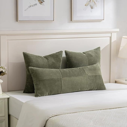 Fancy Homi Set of 2 Olive Green Boho Long Lumbar Body Decorative Throw Pillow Cover 14x36 Inch for Bed Couch Bedroom Bench, Soft Patchwork Corduroy Textured Pillow Case, Rustic Farmhouse Room Décor
