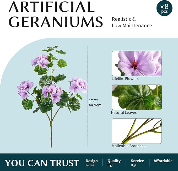 Artificial Flowers for Outdoors Artificial Geraniums for Indoor Fake Flowers Uv Resistant Artificial Outdoor Flowers Suitable for Indoor Home Decor Outdoor Garden Decor (Purple, 8PCS,17.7In)