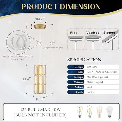 Gold Crystal Pendant Light for Kitchen Island, Mini Hanging Light Fixture with K9 Prism Crystals, 1-Light Modern Ceiling Pendant in Brass Finish for Dining Room, Bedroom, Bathroom, Bar E26