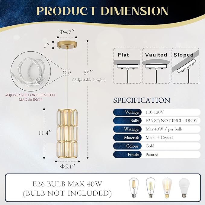 Gold Crystal Pendant Lights 3-Pack, Modern Mini Pendant Light Fixture with Adjustable Cord, Luxury Hanging Light for Kitchen Island, Dining Room, Bedroom, Hallway, Bar