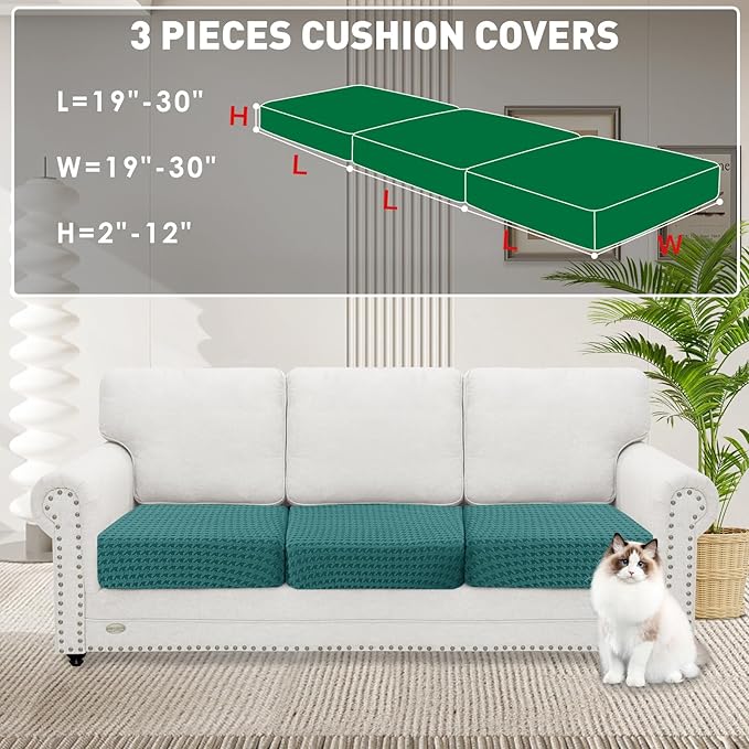 MAXIJIN Couch Cushion Covers for Sectional Sofa, Stretch Sofa Cushion Cover Washable Furniture Protector with Elastic Bottom & Non-Slip Strap for Pets Kids (3PC Seat Cover, Peacock Blue)