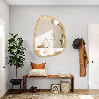 Large Asymmetrical Wall Mirror Irregular Wood Frame Modern Unique Wall-Mounted Artistic Wavy Mirror Decor Bathroom Vanity Bedroom Living Room Entryway Hallway 26"x18"