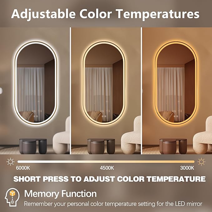 Niccy Oval LED Mirror for Bathroom, 55x28 Front Lit + Backlit Vanity Mirrors with Light Anti-Fog, Shatter-Proof, 3 Colors, Makeup Mirror with Old Gold Frame (Horizontal/Vertical)