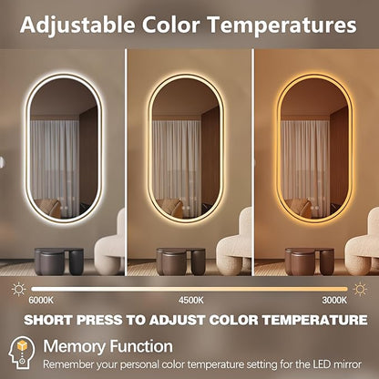 Niccy Oval LED Mirror for Bathroom, 55x28 Front Lit + Backlit Vanity Mirrors with Light Anti-Fog, Shatter-Proof, 3 Colors, Makeup Mirror with Old Gold Frame (Horizontal/Vertical)