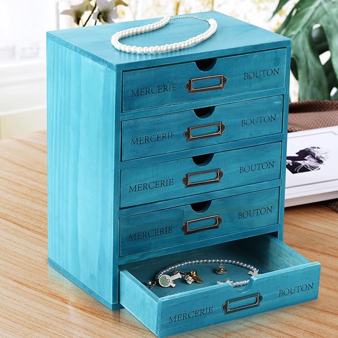 Wesiti 5 Drawer Apothecary Cabinet - Vintage Wooden Desk Organizer - Library Card Catalog Wood Storage Box - Office Desktop Dresser for Stationery, Sewing, Crafts, Junk & Supplies, Blue