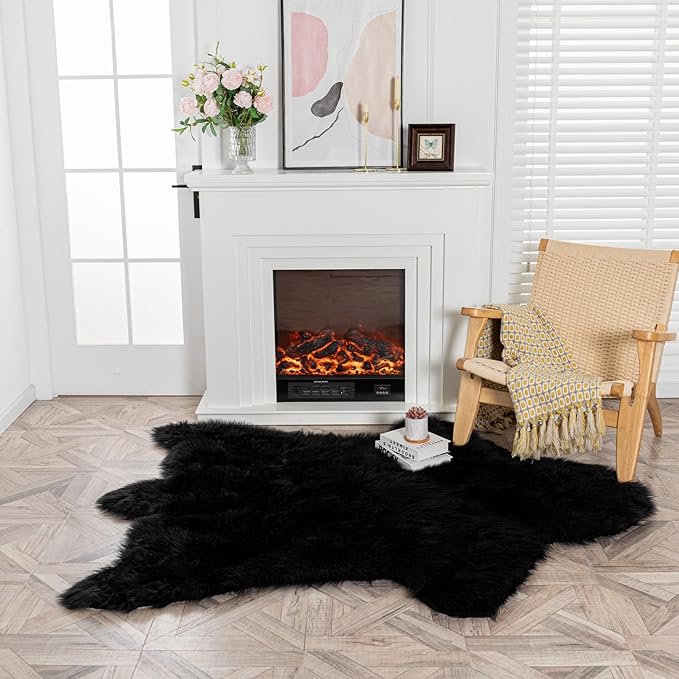 Black Bear Rug Faux Cowhide Rug Animal Print Area Rug Faux Sheepskin Fur Carpet Decor for Living Room 5.1x6.1 Feet