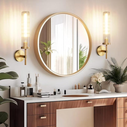 19.5" Knurled Brass Wall Sconces Set of 2, Gold Bathroom Vanity Light Fixtures with Vertical Striped Glass Tube, Modern Lamp Lighting for Bedroom, Living Room, Hallway, Staircase, Mirror, Kitchen
