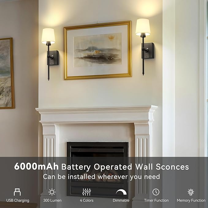 Rechargeable Battery-Operated Wall Sconces Set of 2: Black Wireless Wall Lights with Touch and Remote, 6000mAh Battery Powered Scone Lighting Cordless Wall Lamp for Bedroom Living Room Hallway