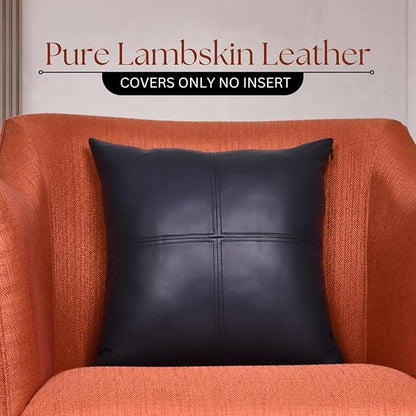 LL LEATHER LOVERS Lambskin Leather Pillow Cover, Hand Panel Stitched Leather Decorative Throw Pillow Covers for Couch Sofa Bed Living Room Garden (16x16 Inches, Gun Metal Blue Pack of 2)