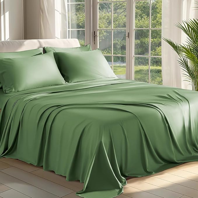 Shilucheng 100% Viscose Derived from Bamboo_ Sheets Queen Size 6pcs - Ultra Cooling & Silky Soft Bed Sheets, 16" Deep Pocket, Perfect for Hot Sleepers, Hotel Bedding Sheets (Olive)