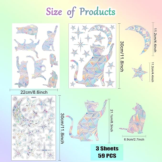 59 Pieces Star Moon Cat Sun Catcher Window Clings for Glass Windows, Anti-Collision Stickers Decals Prevent Bird Strikes,Rainbow Prismatic Window Clings Non Adhesive