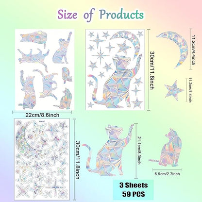 59 Pieces Star Moon Cat Sun Catcher Window Clings for Glass Windows, Anti-Collision Stickers Decals Prevent Bird Strikes,Rainbow Prismatic Window Clings Non Adhesive