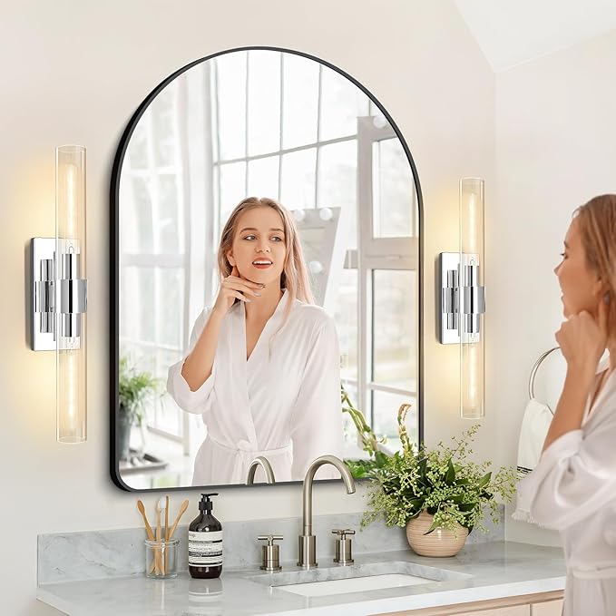 Chrome Wall Sconces, 22.8" Bathroom Sconces, Indoor Sconces Wall Lighting Up and Down, Nickel Wall Sconce Dimmable, Vanity Lights Fixtures with Tube, Glass Sconce for Bedroom, Staircase