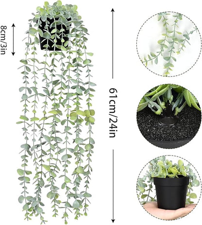 Waipfaru 2Pcs Fake Hanging Plants with Pot Light Green Eucalyptus Leaves UV Resistant Fake Vines Ivy Artificial Plants Outdoor Faux Plants Indoor Bedroom Living Room Boho Wall Porch Shelf Decor