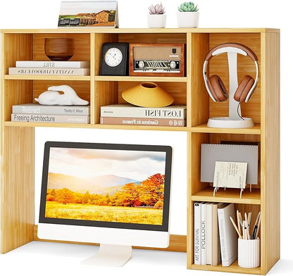 Tangkula Desktop Bookshelf, 37" Countertop Storage Hutch with 7 Cubes & 3 Adjustable Shelves, 3-Tier Desk Display Rack Organizer, Multipurpose Wood Desktop Hutch for Dorm Home Office (Burlywood)