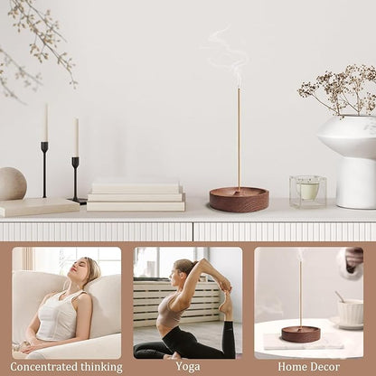 Incense Holder,Black Walnut Hand - Crafted Round Burner for Sticks with Ash Catcher 3.5‘×3.5’,Perfect for Relaxation at Home, Yoga,Spa & as a Gift