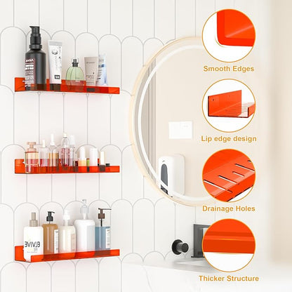 LAZYROSY 2 Pack Floating Shelves– 15'' Orange Acrylic/PET Wall-Mounted No Drill Storage with Adhesive, Bathroom & Bedroom Shelving for Kitchen, Living Room, Home Decor
