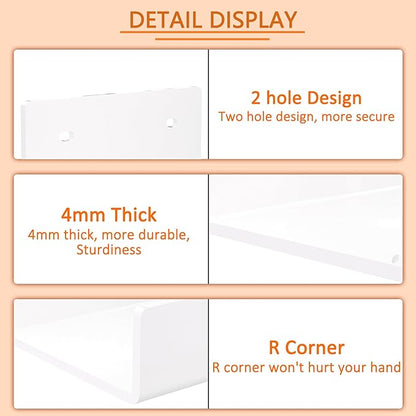 5 Inches U Shape White Acrylic Wall Shelves 2 Pack, Acrylic Small Shelves for Books, Home Décor, Digital Clock, Speaker, Toiletries