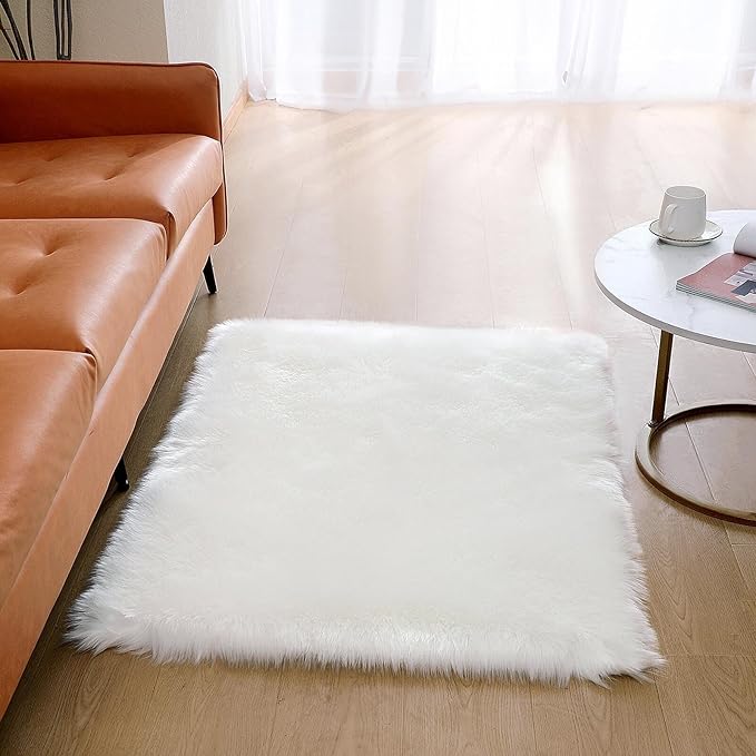 Faux Fur Rug Sheepskin Shag Fluffy Fuzzy White 3x4 ft Rugs for Bedroom Bedside Bed Floor Living Room Plush Rectangle High-Density Cushion Carpet Super Sofa Cover