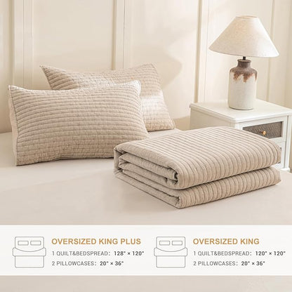 Sanracie Oversized King Bedspread (128"x120"), 100% Cotton Cross Stitch Pattern California King Coverlet Quilt Set 3Pcs Warm Taupe Colored Lightweight Extra Large King Bed Quilt for All Season
