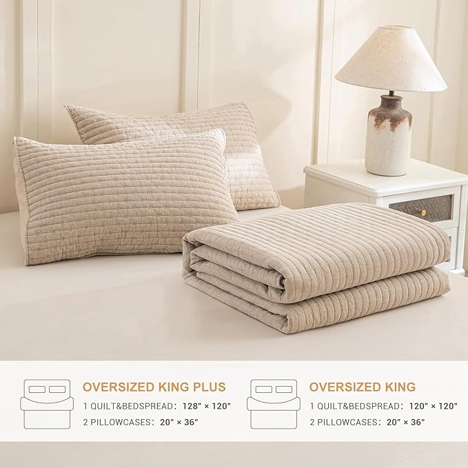 Sanracie 100% Cotton Oversized King Quilt (120"x120"), Warm Taupe Colored Cross Stitch Pattern Quilt Bedding Set 3Pcs Ultra Soft Cozy California King Bed Coverlet Set for All Season