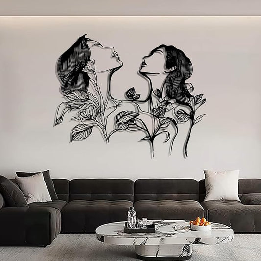 Metal Feminine Wall Art, Female Silhouette Line Art, Metal Flower Female Wall Decor, Metal Minimalist Abstract Woman and Flower Wall Art Single Line for Livingroom, Bedroom (Silver, 39"x32"/100x82cm)