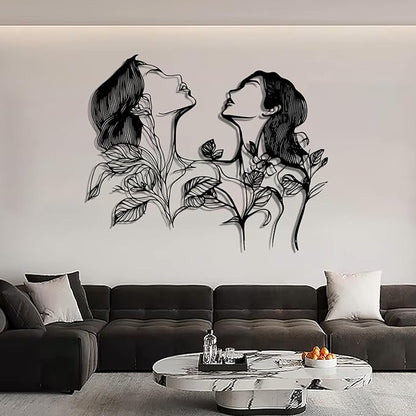 Metal Feminine Wall Art, Female Silhouette Line Art, Metal Flower Female Wall Decor, Metal Minimalist Abstract Woman and Flower Wall Art Single Line for Livingroom, Bedroom (Gold, 24"x19"/60x49cm)