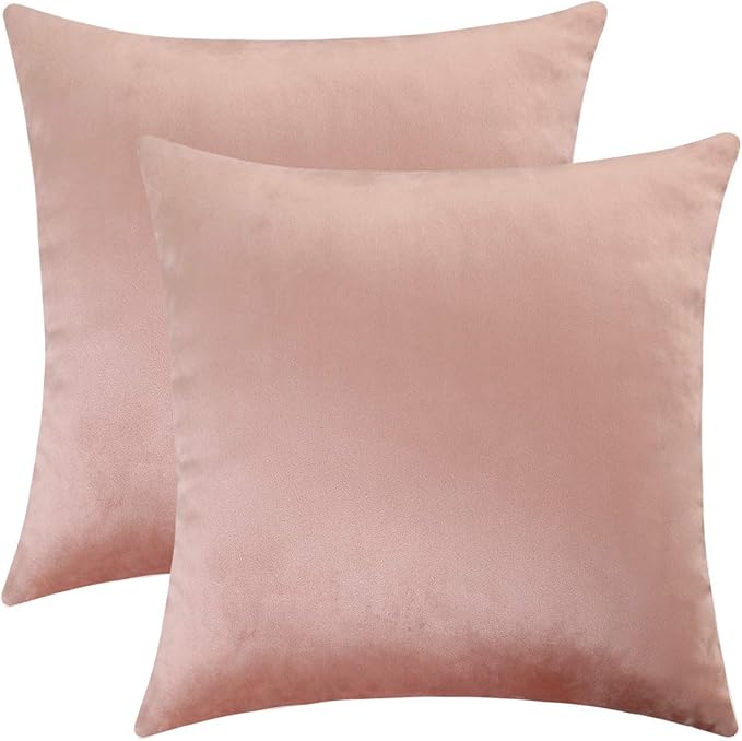 Jeneoo Set of 2 Comfy Soft Velvet Throw Pillow Covers for Sofa Couch Invisible Zipper Decorative Solid Square Cushion Cases for Bedroom Car (18 x 18 Inches, Blush Rose)