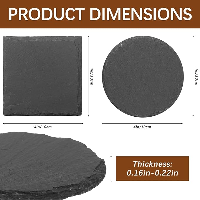 48pcs Slate Coasters, Black 4 Inch Bulk Blank Rock Coasters Blank Laser Engraving, Hand Painted DIY, Scratch Resistant Bottom (24*Square+24*Round)