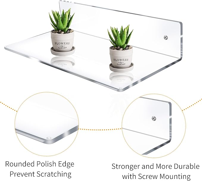 Jansburg 12 Inch L-Shaped Acrylic Floating Shelf Clear Wall Mounted Shelves Invisible 5MM Thick Shelf for Wall Storage Clear Shelves for Makeup Photo Picture Book Record Display 3 Pack