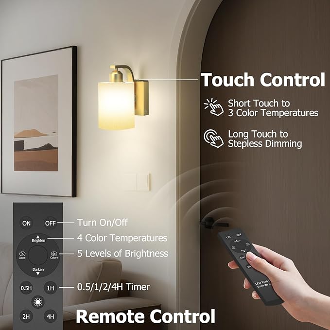 iThird Battery Operated Wall Sconces Set of 2: 6000mAh Rechargeable Wall Light with Touch and Remote, Wireless Wall Lamp for Bedroom, Gold Modern Cordless Wall Scones for Living Room Hallway Bathroom