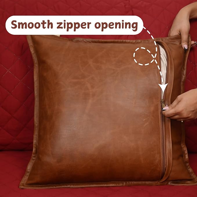 Lambskin Leather Pillow Cover - Sofa Cushion Case - Decorative Throw Covers for Living Room & Bedroom, 20x20 Inches - Tan Orange Box Pack of 1