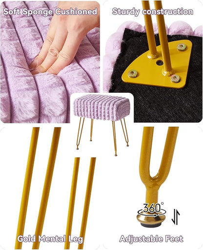 IBUYKE Rectangular Footrest Stool Ottoman, Makeup Vanity Stool Side Table, Velvet Dressing Table Seat, Footstool Chair, Golden Steel Legs, for Makeup Room, Bedroom, Square grid pattern, Purple WBD003V
