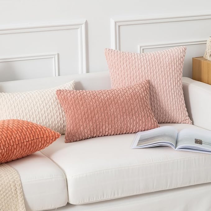 Kevin Textile Throw Pillow Covers Soft Corduroy Decorative Set of 2 Boho Striped Pillow Covers Pillowcases Valentines Day Farmhouse Home Decor for Couch Bed Sofa Living Room 26x26 Inch Baby Pink