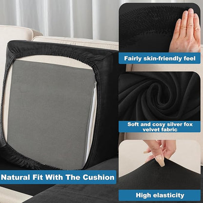 Couch Cover Stretch Velvet Sofa Cushion Cover 2-Piece - Elastic Washable Slipcover for Seat or Backrest, Couch Seat Covers for Sofas (Black)