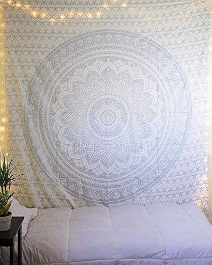 raajsee Silver Grey Mandala Wall Hanging – Aesthetic Indie Decor for Bedroom – Boho Trippy Small 30x40 Inches